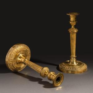 Paris, Circa 1800 - Pair Of Large Candlesticks, Gilt Bronze Torches - Galle Or Ravrio