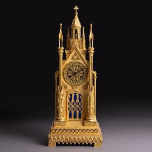 Weibel In Lyon - Large Cathedral Clock, Troubadour In Finely Gilded Bronze - Circa 1830