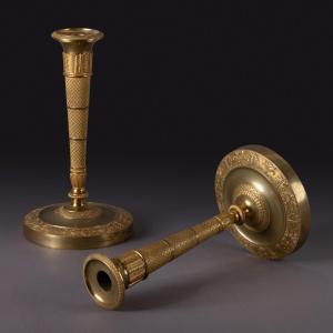 Paris, Circa 1800 - Pair Of Candlesticks, Quiver-shaped Torches Consulate, Empire Period - Gilt