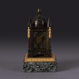 Paris, Circa 1830 - Troubadour Table Bell, Neo-gothic Style - Patinated And Gilded Bronze
