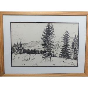 René Perrot - Landscape With Fir Trees - Felt Pen Drawing