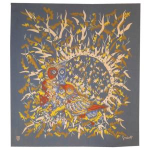 Elie Grekoff - Two Owls On A Blue Background - Aubusson Tapestry