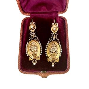 Gold And Fine Pearl Drop Earrings From The Napoleon III Period