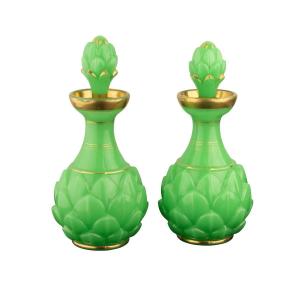 Baccarat: Pair Of Green Opaline Bottles