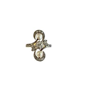 Belle époque Ring In Gold, Platinum, Diamonds And Natural  Pearls 