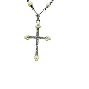 Jeweled Cross With Its Chain, Platinum, Diamonds And Fine Pearls