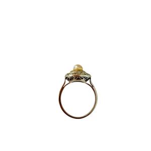 Art Deco Ring In Gold, Platinum, Natural Pearl And Diamonds