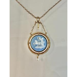 Necklace Adorned With A Wedgwoog Pendant And Natural  Pearls