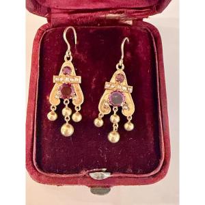 Gold, Garnet And Pearl Earrings, Napoleon III Period