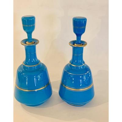 Pair Of Blue Flag Opaline Bottles