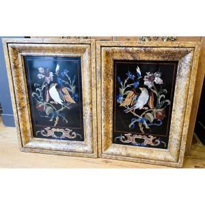Pair Of 19th-century Italian Marquetry Paintings In Marble And Hardstone
