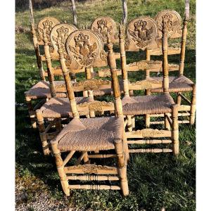Set Of 6 Large Tyrolean Chairs With The Imperial Habsburg Eagle, Original Polychromy.