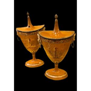Pair Of Painted Sheet Metal Vases Decorated With Antique Ruins, Early 19th Century