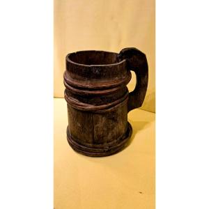 Wooden Tankard With A Metal Band - Folk Art - 19th Century