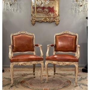Pair Of Regency Style Lacquered Wooden Armchairs XIXth Century