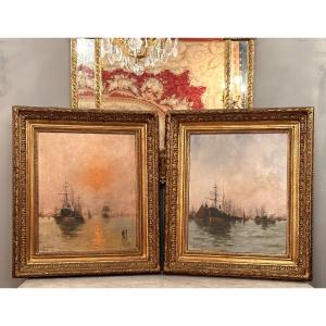 Dancourt, Pair Of Oils On Canvas Marine Scene From Port Signed Late Nineteenth Time