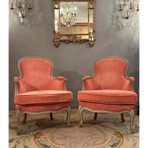 Pair Of Louis XV Style Lacquered Wood Bergeres, 19th Century