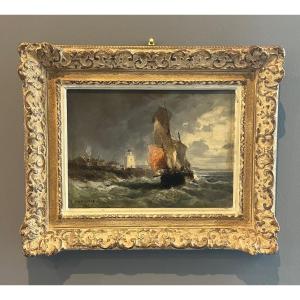 Jules Noel, Oil On Panel Fishing Boat Signed (1810 - 1881)