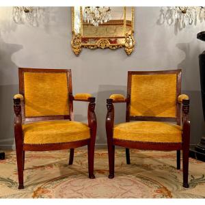 Set Of Two Empire Period Mahogany Armchairs Return From Egypt Circa 1810