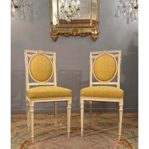 Chateau Furniture, Pair Of Louis XVI Style Lacquered Wood Chairs, 19th Century