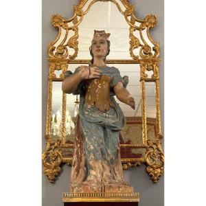 17th Century Carved Wooden Sculpture Of A Crowned Saint 