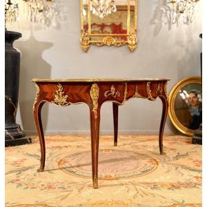 François Linke, Signed Marquetry Flat Desk, Louis XV Style, (1855 - 1946)