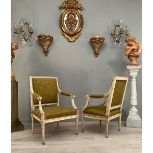 Suite Of 2 Armchairs With Flat Backrest, Louis XVI Period Around 1780