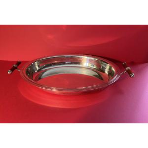 Christofle Oval Serving Dish Or Panetière In Silver Metal, Talisman Model, Siena Lacquer.