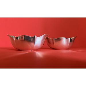 Two Small Gravy Boats Or Oval Bowls In Scalloped Silver Metal Signed Francois Frionnet