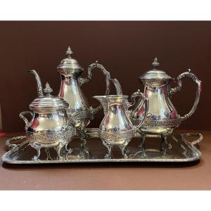 5 Piece Silver Metal Tea And Coffee Set Decorated With Mistletoe Frieze