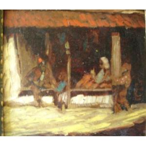"under The Porch" Oil On Cardboard Signed O. Urbahn, Dated 1929 - German School.