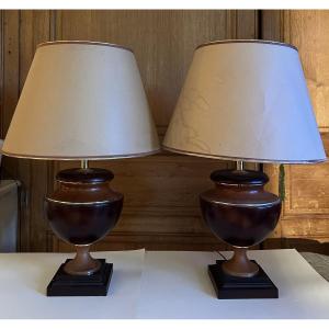 2 80s Lamp Bases In Antique Ceramic Faux Wood Basin Style By Lancel.