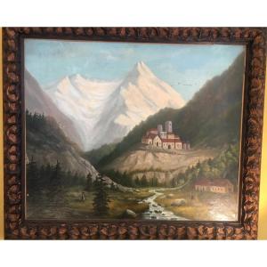 "mountain Landscape" Probably Alpine; Oil On Canvas (re-canvas) Framed. 