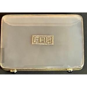 Art Deco Box Composed Of White Jade, Silver Mount, And 2 Marcasite Cabochons.