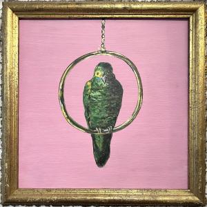 Oil On Wood, Parakeet On A Pink Background