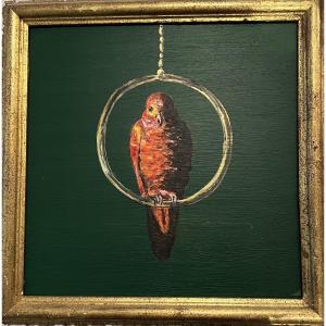 Painting Depicting A Parakeet On Its Perch, Green Background.