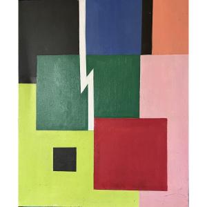 Abstract Geometric Style Painting Signed Raymond Vega, Framed, Oil On Canvas.
