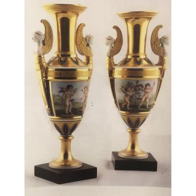 A Pair Of Paris Porcelain Empire Vases Baluster Shape