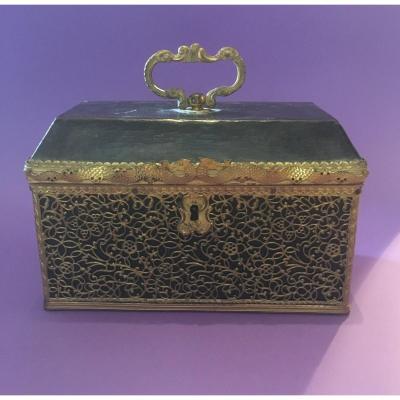 Tea Caddy, Copper Filigree Decor With Leather-wrapped Dragons.
