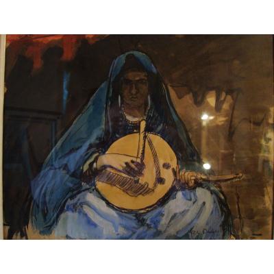 Paul-elie Dubois "woman Playing The Amzad" Gouache On Paper.