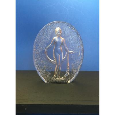 Pressed Molded Glass Plate Signed P. d'Avesn. Woman Coming Out Of Bath.