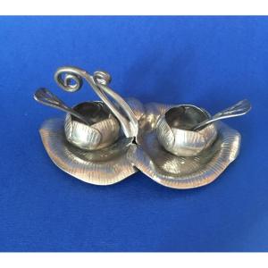 Salt And Pepper Set On 2 Lily Pads With Their Shovel. In Pewter Signed Ea Chanal.