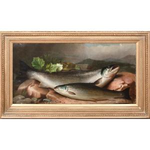 Salmon On The River Bank, 19th Century By John Bucknell Russell (1819-1893) 