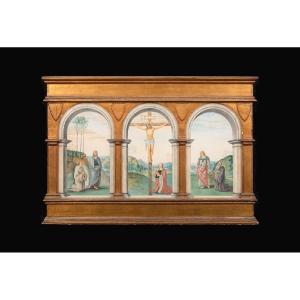 Triptych Of The Crucifixion, Circa 17th Century School Of Pietro Perugino (1446-1523)  
