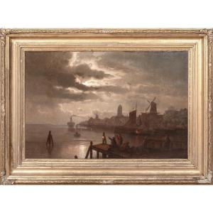 Moonlit Landscape Of Dordrecht, 19th Century Felix Kreutzer (1835-1876)