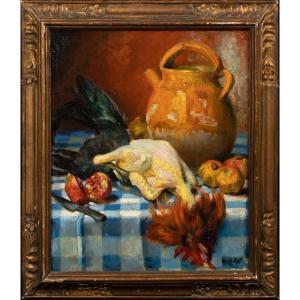 Still Life, Chicken And Pomegranate, 20th Century By Marcel Dyf (1899-1985) 