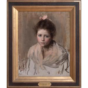 Portrait Of A Young Girl Wearing A Pink Bow And Shawl, 19th Century, Samuel Luke Fildes