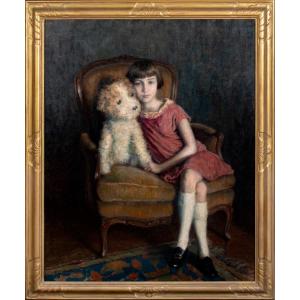 Portrait Of A Young Girl And A Teddy Bear, Dated 1926, By René Marie Joly De Beynac