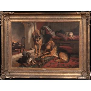 St. Hubert's Dogs And Terriers By The Fire, 19th Century By Carl Suhrlandt (1828-1919)