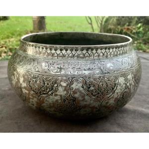 17th Cty Persian Safavid Period, Large Islamic Signed Tinned Copper Basin / Tas